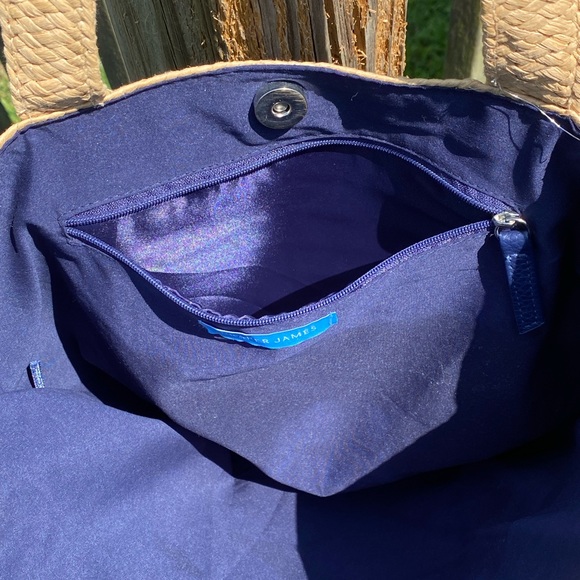 Draper James woven wicker bag inner zip pocket blue lining with scarf accent tie - Picture 7 of 9